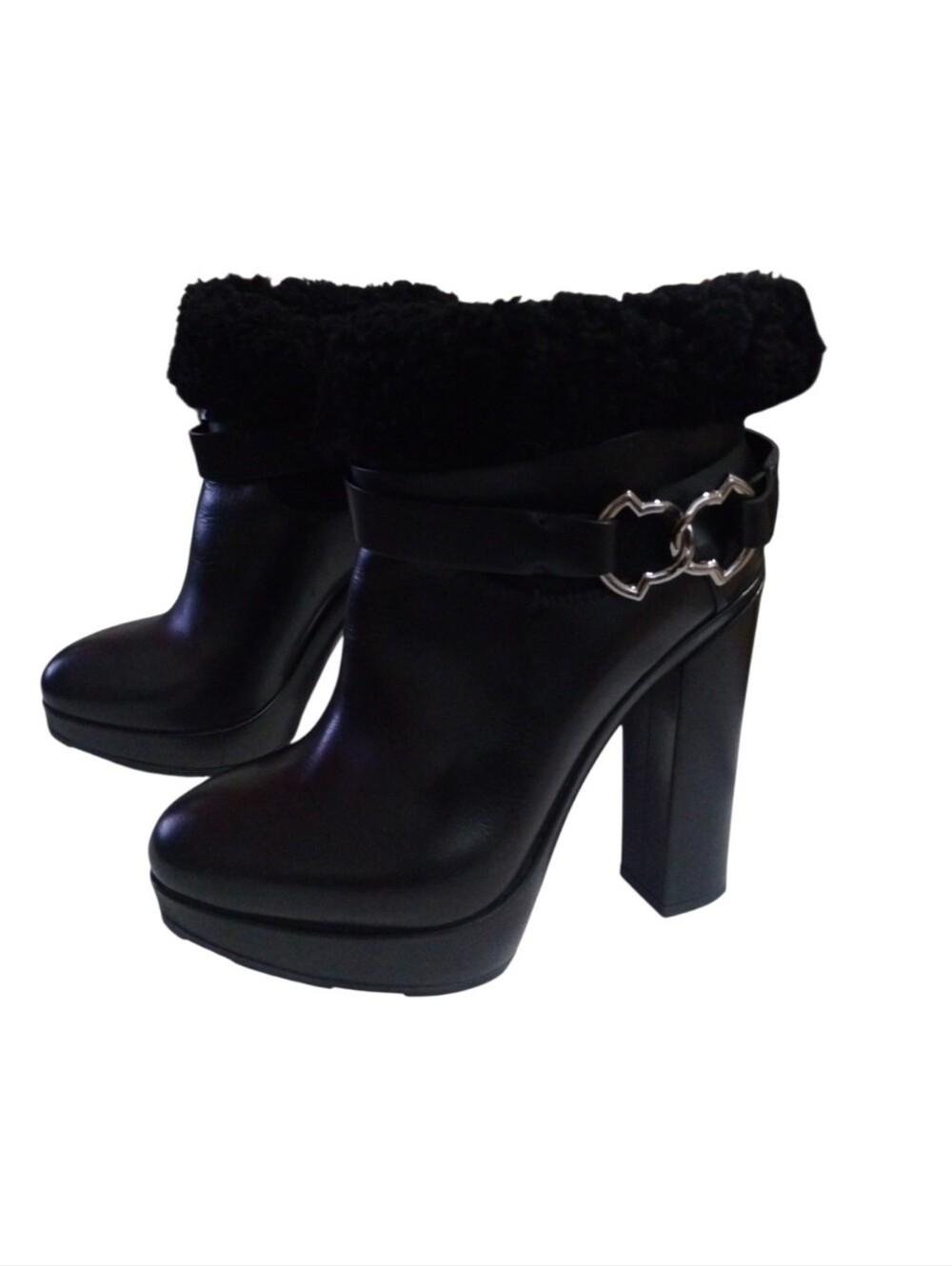 Moncler Women's 8 Black Shearling Trim Heel Ankle Platform Boots Logo
